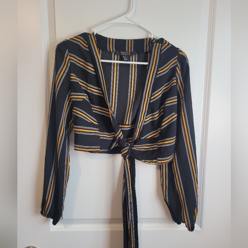 Forever 21 Stripe Black and Yellow Tie Front Blouse Top!